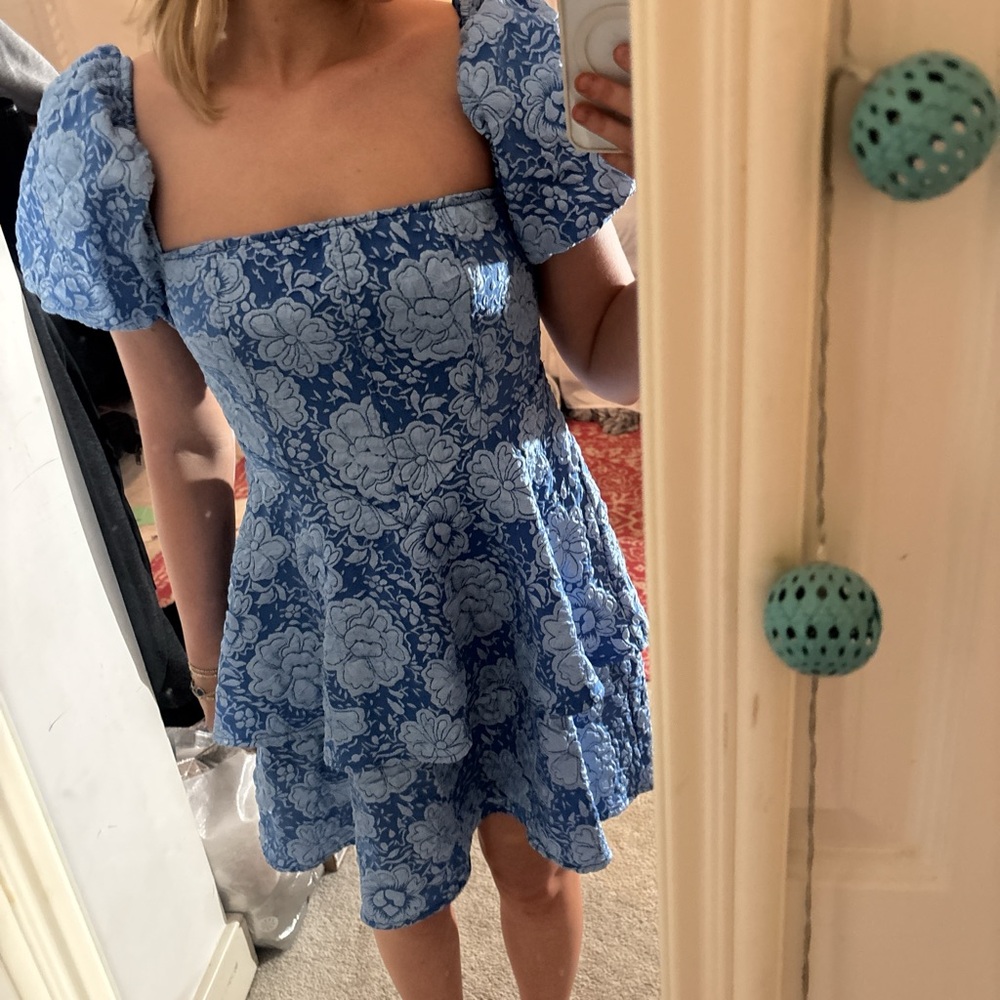 SHEIN Blue and White Puff Sleeve Mini Sundress